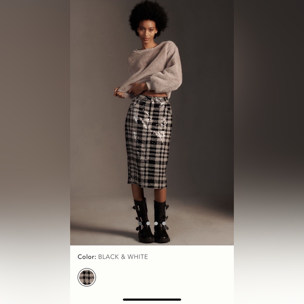 NWT Pilcro Anthropologie Sequined Houndstooth Midi Skirt black & white sz 2